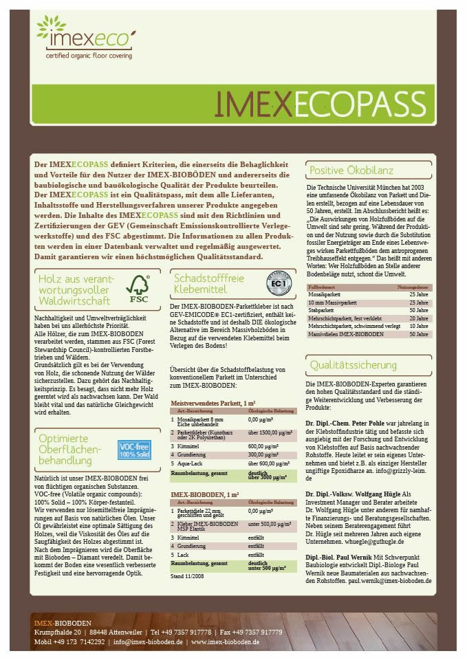 Eco-Pass-Datenblatt des IMEX Bioboden mit Kriterien zu Schadstofffreiheit, FSC-Holz und emissionsarmer Verklebung